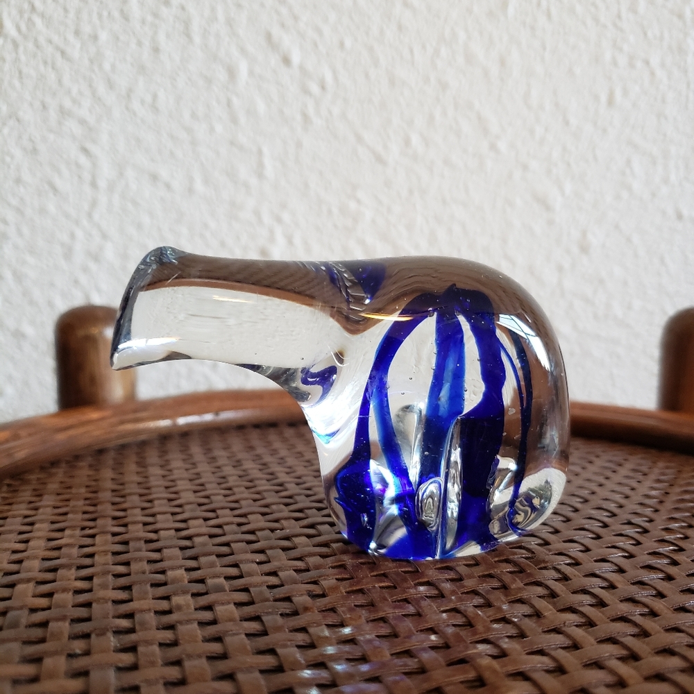#Vintage Art Glass Clear Blue Ribbons Polar Bear Paperweight Figurine